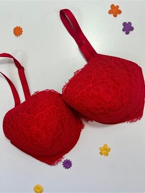 Victoria's Secret Red Lace Dream Angels Lined Perfect Coverage Bra 36DDD